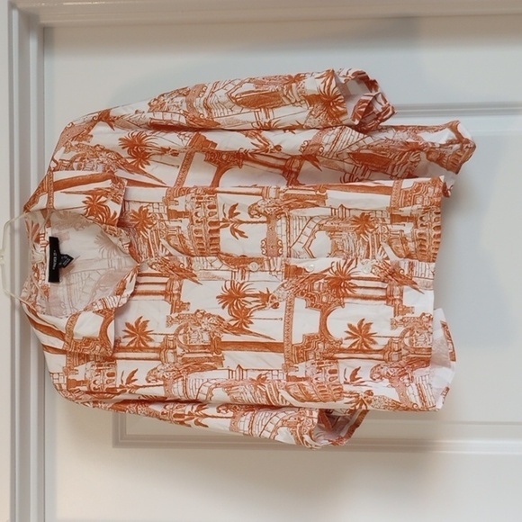Forever 21+ Womens Crop Button Down Top Sz 1X Collar Orange White Jungle Silky - Picture 1 of 8